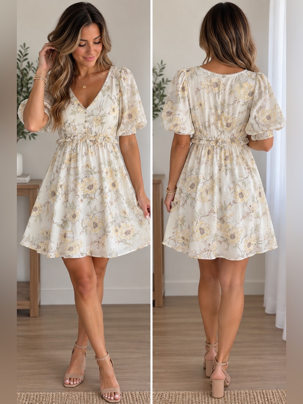 Blu Pepper Ivory Floral Puff Sleeve Mini Dress size Small